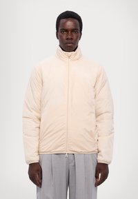 Beige gewatteerde jas met een hoge kraag, volledige ritssluiting en elastische manchetten. Gladde textuur met een lichte uitstraling, gedragen over grijze broeken.