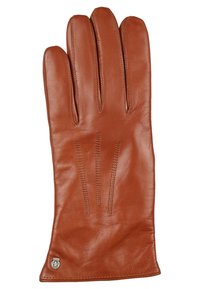 Guanto in pelle marrone con cinque dita, presenta tre linee di cucitura verticale sul retro e un piccolo logo metallico sul polso.
