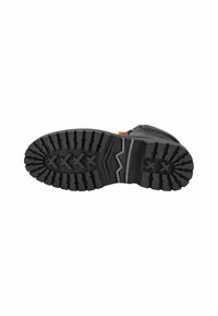 Suela de bota de goma negra con un patrón de pisada profunda, que presenta surcos y acentos elevados para mejorar la tracción. Incluye una superficie texturada y líneas estructurales.