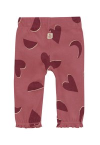 Roze geribde babybroekjes met donkere rode hart- en halve maanpatronen en elastische ruches bij de boorden.