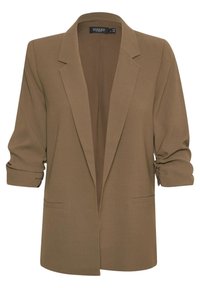 Brązowy blezer wykonany z teksturowanej tkaniny, z wyciętym kołnierzem, podwiniętymi rękawami oraz dwiema przednimi kieszeniami użytkowymi.