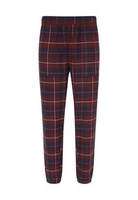 Pantalones de cuadros para hombre en rojo oscuro, azul marino y blanco. Fabricados con una tela ligera, cuentan con una cinturilla elástica y un diseño de pierna ajustada.