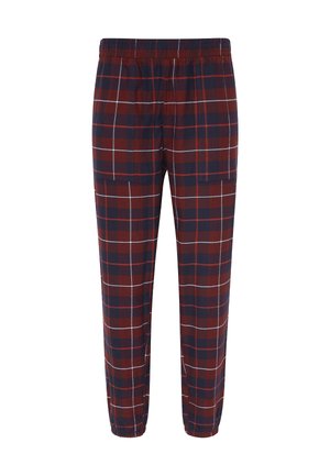 Mændsternede bukser i mørkerød, marineblå og hvid. Fremstillet af letvægtsstof, med elastisk talje og tapered ben-design.