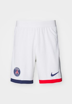 Shorts atletici bianchi in tessuto testurizzato, con accenti blu navy e rossi all'orlo e una toppa con il logo sulla coscia sinistra.