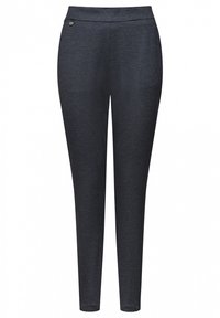 Pantalon slim gris foncé à motif avec un petit logo métallique sur la hanche droite, doté d'une ceinture épurée et de jambes fuselées.