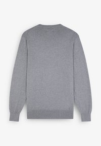Hanorac gri cu mâneci lungi, guler rotund și manșete și tiv din țesătură rezistentă. Fabricat dintr-un material moale, cu o textură netedă și fără modele.