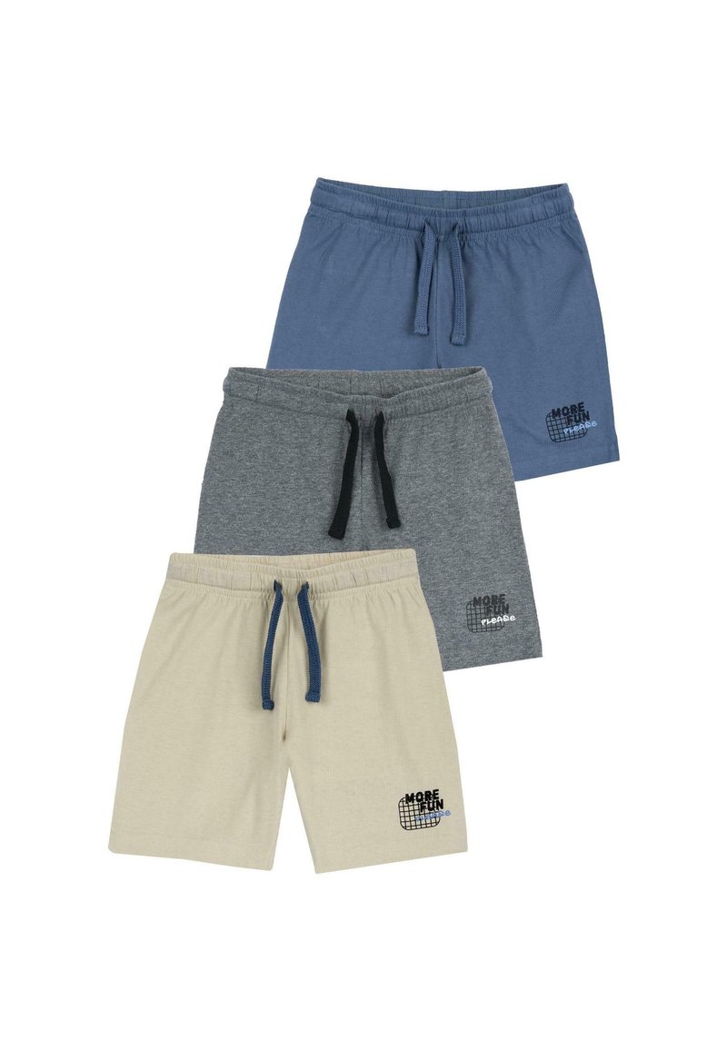 Trois paires de shorts en coton : beige, gris et bleu. Chacune présente une taille élastique avec des cordons de serrage et un logo sur l'ourlet.