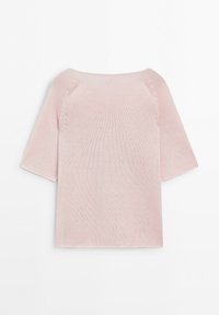 Light pink knit short-sleeve sweater with a wide boat neckline and a simple, soft textured fabric.