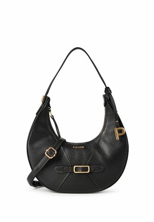 Borsa a mano in pelle nera con texture, dettagli con fibbia dorata, tracolla regolabile e nome del marchio "Picard" impresso sul davanti.