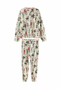 Conjunto de pijama de dos piezas fabricado en un tejido suave, con un fondo crema adornado con coloridos patrones de animales y flores, y cintura elástica en los pantalones.