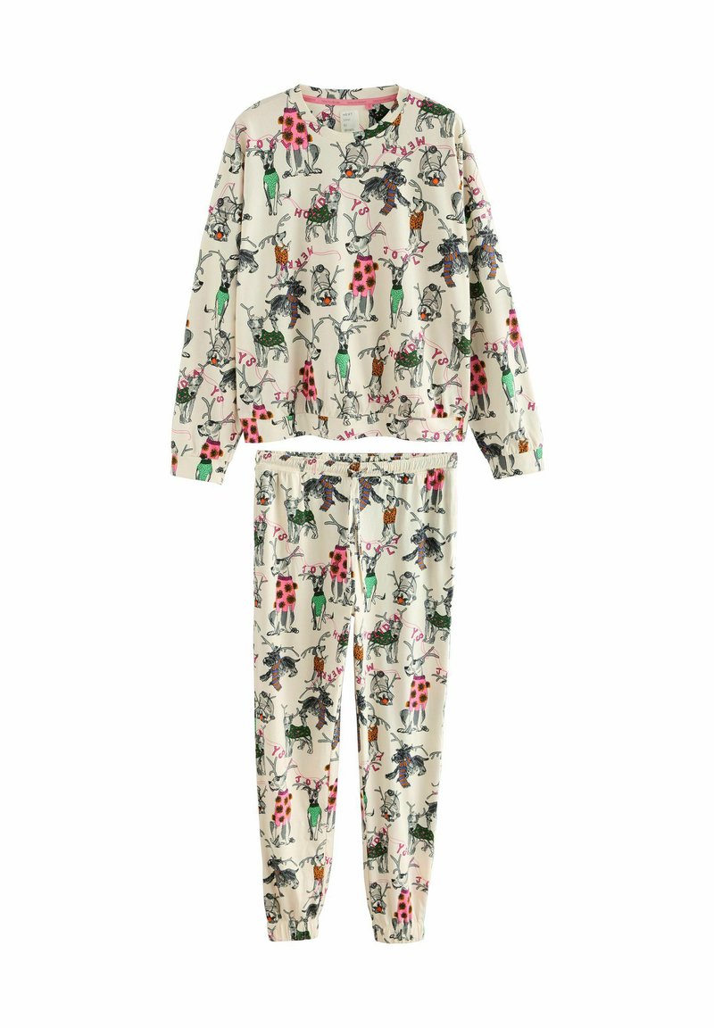 Completo pigiama a due pezzi realizzato in tessuto morbido, con uno sfondo crema decorato da motivi colorati di animali e fiori, e una cintura elastica sui pantaloni.