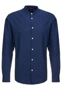 Mörkblå långärmad skjorta i linne med ståkrage och frontknappar i en rak design med en något texturerad finish.