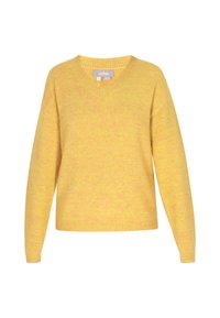 Geel V-hals sweater gemaakt van textuur gebreide stof, met lange mouwen en een ontspannen pasvorm. Subtiele kleurvariatie voegt diepte toe.