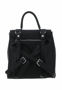 Zaino in pelle nera con superficie texturizzata, doppi manici superiori, spallacci regolabili e una tasca frontale con zip sicura da un pattino angolare.