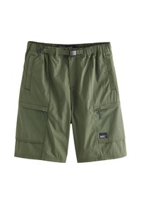 Pantaloncini cargo in tessuto verde oliva. Caratterizzati da molteplici tasche, una vita elastica con cintura e una finitura strutturata.