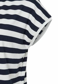 Marineblauw en wit gestreept T-shirt met korte mouwen, zachte stof, ronde hals en zichtbare stiksels langs de naden.