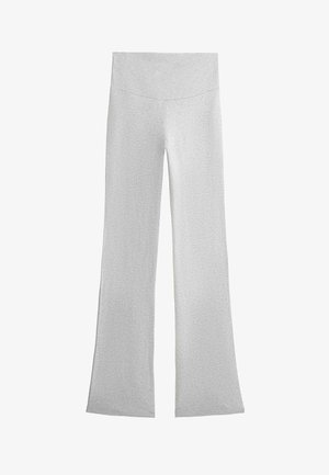 Lichtgrijze, wijd uitlopende broek met een hoge tailleband, een gladde textuur en een eenvoudig ontwerp, plat liggend afgebeeld op een witte achtergrond.