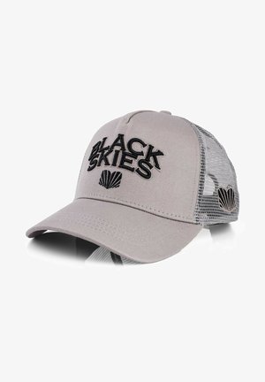 Grey baseball cap features black embroidered text "BLACK SKIES," mesh side panels, and a curved brim with a shell graphic detail.