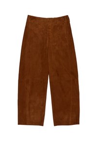 Bruine suède wijduitlopende broek met een zachte textuur, met een hoge taille en strakke naden, ontworpen voor een losse pasvorm en comfort.