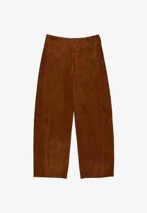 Brūni zamša plata ģeometriskā bikses ar gludu tekstūru, ar augstu jostasvietu un tīrām šuvēm, paredzētas brīvai piegulšanai un komfortam.