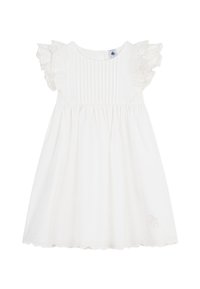 Λευκό βαμβακερό φόρεμα με κοντά μανίκια με βολάν, σφηκοειδές μπούστο, ροή φούστας και κυματιστό τελείωμα. Διαθέτει διακριτικές κεντητές λεπτομέρειες.