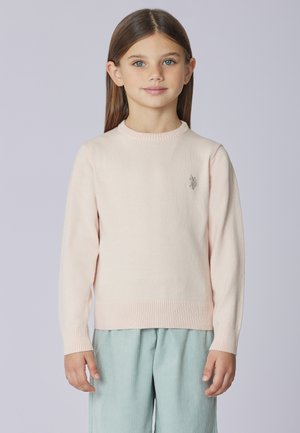 Maglione rosa chiaro lavorato a maglia con scollo rotondo e orlo a coste. Presenta un logo ricamato sul petto a sinistra. Abbinato a pantaloni azzurri.