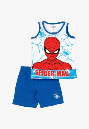 Ensemble deux pièces pour enfant comprenant un short bleu et un haut sans manches avec le visage de Spider-Man, un motif de toile d'araignée et le texte "Spider-Man".
