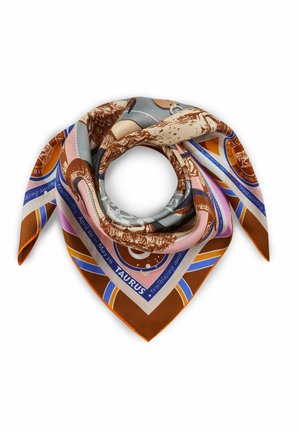 Foulard en soie aux couleurs marron, rose, bleu et gris, présentant les symboles, les dates et les traits du Taureau du zodiaque, plié en forme de spirale lâche.