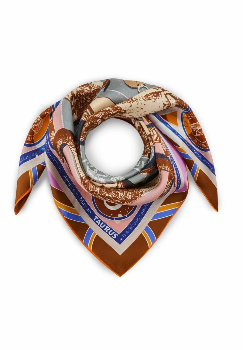 Foulard en soie aux couleurs marron, rose, bleu et gris, présentant les symboles, les dates et les traits du Taureau du zodiaque, plié en forme de spirale lâche.