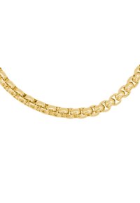 Collier en or présentant des maillons entrelacés avec une finition lisse. Le design est cohérent et uniforme en forme et en taille.