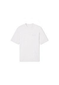 T-shirt bianco a maniche corte realizzato in cotone morbido. Presenta un collo rotondo e un piccolo logo discreto sul petto sinistro. Texture liscia e uniforme.