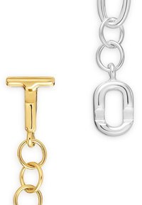 Anelli di catena in metallo dorato e argento, con un fermaglio a forma di T in oro e un anello ovale in argento con una fessura, su sfondo bianco.