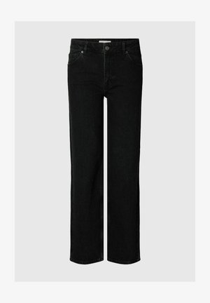 Sorte straight-leg jeans i denim med frontknap, lynlås, bæltestropper og fem-lomme design på grå baggrund.