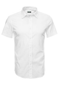 Kortärmad vit skjorta i bomull med krage och knäppning framtill, med en mjuk textur och slim fit-design.