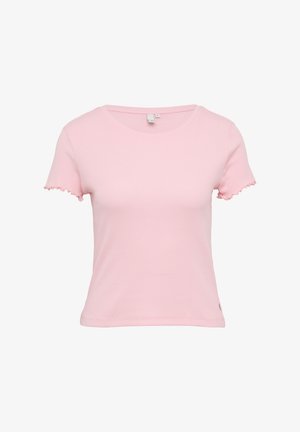 Jasnoróżowy t-shirt z krótkim rękawem wykonany z prążkowanej tkaniny, z okrągłym dekoltem i falbaniastymi brzegami rękawów.