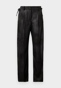 Black, high-waisted trousers made from a textured material. Features a straight leg, pleats, and adjustable drawstring at the waist.