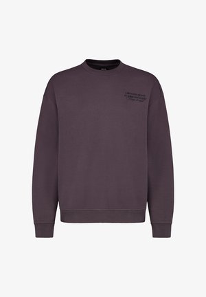 Paarse sweatshirt met een ronde hals en lange mouwen. Heeft een tekstontwerp aan de voorkant en ribbelmanchetten en -zoom. Zachte stofstructuur.