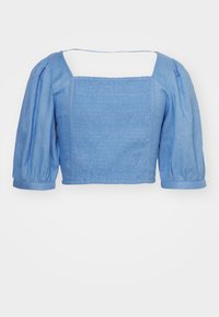Top bleu clair cropped avec un décolleté carré, un devant smocker et des manches courtes bouffantes. Fabriqué en coton doux, avec une surface légèrement texturée.
