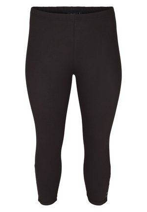 Zwarte leggings van rekbare stof, met een hoge taille, enkel-lang model en drukknopen langs de buitennaad.