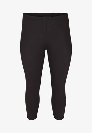 Zwarte leggings van rekbare stof, met een hoge taille, enkel-lang model en drukknopen langs de buitennaad.