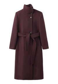 Manteau en laine bourgogne avec un col haut, des boutons à l'avant et une ceinture en tissu. Dispose de manches longues et d'une coupe droite.