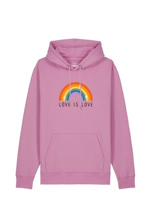 Pinkes Hoodie mit Regenbogengrafik und dem aufgedruckten Text "LOVE IS LOVE" auf der Vorderseite, mit Kordelzugkapuze und Fronttasche.