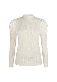 Långärmad krämfärgad topp med hög hals, texturerad tyg med ett subtilt rutmönster och puffiga axlar för extra dimension.