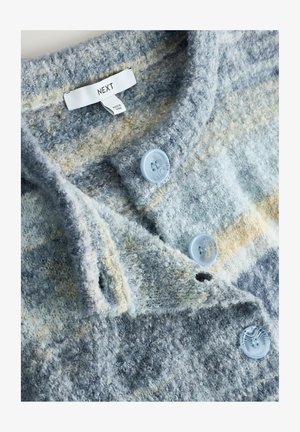 Kootud kampsun sinistes ja hallides toonides, pehme ja tekstuuriga viimistlusega. Omadustega krae ja helesinised plastiknööbid. Toodemärgi silt nähtav.