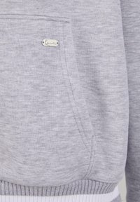 Gray sweatshirt featuring a side pocket, ribbed cuffs, and hem. Notable silver logo tag near the pocket. Soft, textured fabric.