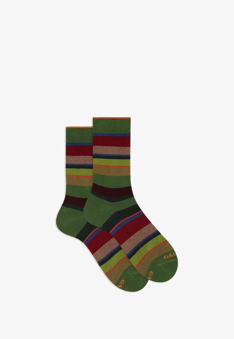 Ein Paar grüne Socken mit horizontalen Streifen in Rot, Braun, Marineblau und Orange, mit Markenname im Zehenbereich.