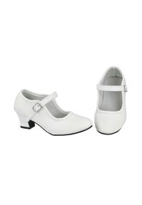 Par de zapatos Mary Jane blancos para niños con pequeños tacones y correas de hebilla, mostrados desde vistas laterales y superiores sobre un fondo blanco.