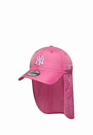 Pink New York Yankees child-sized baseball cap with neck flap for sun protection, featuring embroidered white logo and adjustable fit.