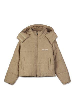 Beige, sametová pufovací bunda se zipem, převislou kapucí, dvěma předními kapsami a logem na hrudi. Má texturovanou látku.