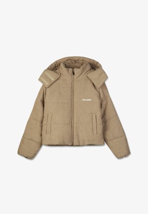 Giacca puffer in corduroy beige con chiusura a zip, cappuccio oversize, due tasche frontali e dettaglio del logo sul petto. Presenta un tessuto testurizzato.